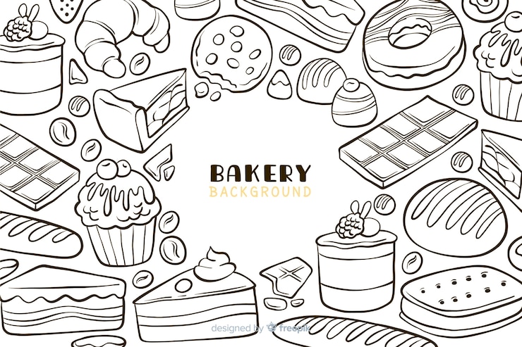 Vecteur gratuit fond de nourriture de boulangerie dessiné à la main