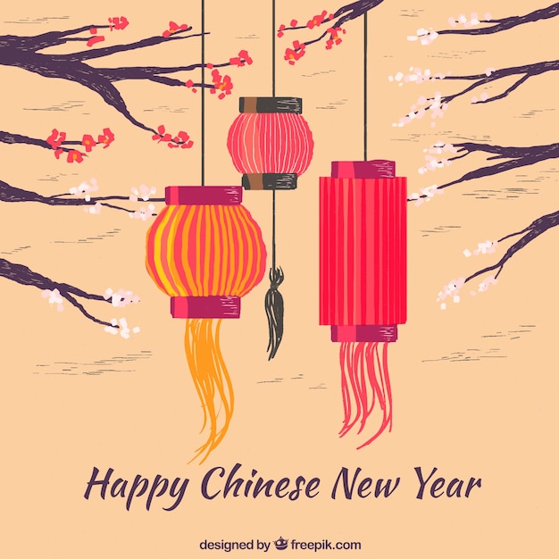 Vecteur gratuit fond de nouvel an chinois dessiné à la main