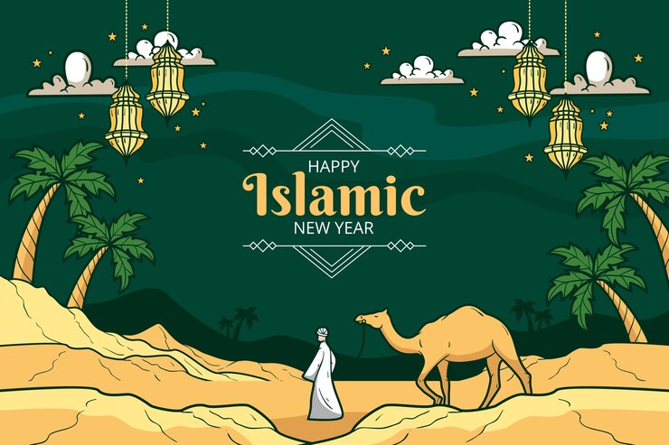 Vecteur gratuit fond de nouvel an islamique dessiné à la main avec homme et chameau dans le désert