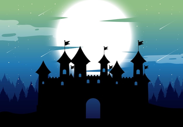 Vecteur gratuit fond de nuit de château fantasmagorique avec la pleine lune