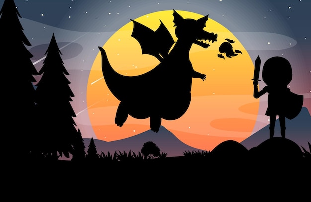 Fond de nuit d'Halloween avec la silhouette du dragon et du chevalier