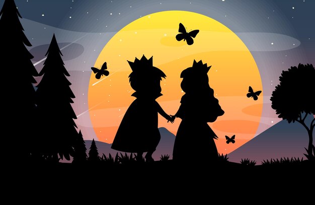 Fond de nuit d'Halloween avec la silhouette du prince et de la princesse