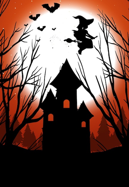 Fond De Nuit D'halloween Avec La Silhouette De La Sorcière