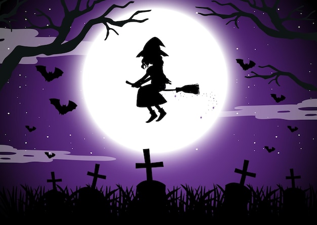 Vecteur gratuit fond de nuit d'halloween avec la silhouette de la sorcière