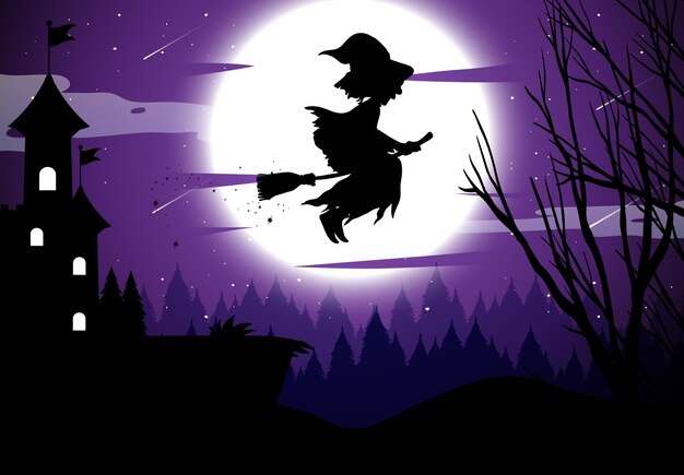 Fond de nuit d'halloween avec la silhouette de la sorcière