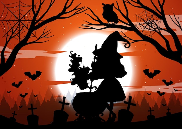 Fond de nuit d'halloween avec la silhouette de la sorcière