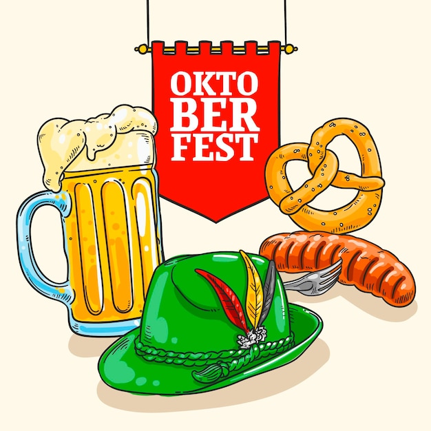 Vecteur gratuit fond d'oktoberfest dessiné à la main avec pinte et wurst