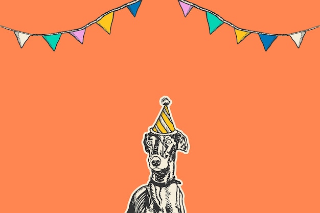 Vecteur gratuit fond orange mignon d'anniversaire avec le chien de lévrier de cru dans le chapeau de cône de partie