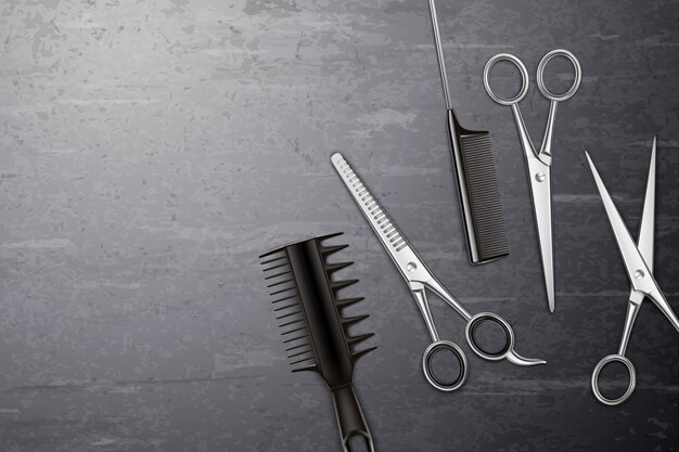 Fond d'outils de coiffure avec peigne et ciseaux sur table réaliste