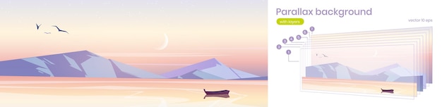 Fond De Parallaxe, Lever De Soleil Dans L'océan Avec Bateau Nature Paysage 2d. Skiff En Bois à Couches Séparées Flottant Sous Un Ciel Rose Sur Une Surface D'eau Calme, Rouleau Latéral Pour Le Jeu, Illustration Vectorielle De Dessin Animé