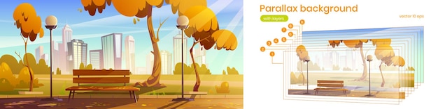 Vecteur gratuit fond de parallaxe avec parc de la ville en automne