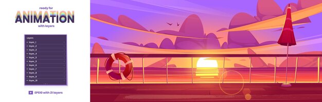 Fond de parallaxe avec pont de navire au coucher du soleil