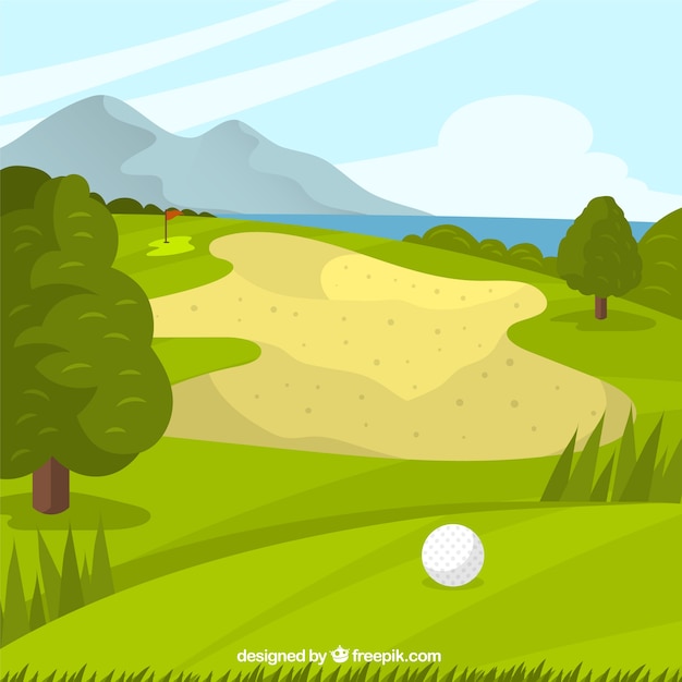 Vecteur gratuit fond de parcours de golf dans un style dessiné à la main