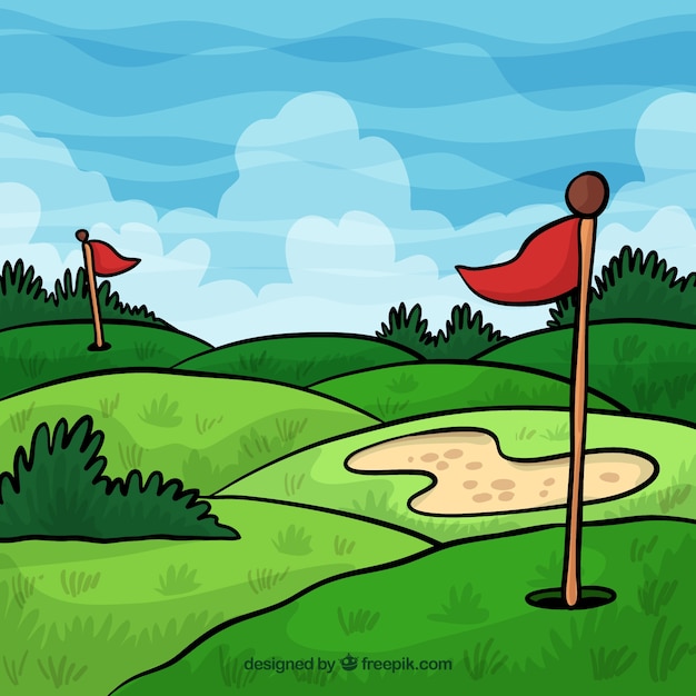 Vecteur gratuit fond de parcours de golf dans un style dessiné à la main