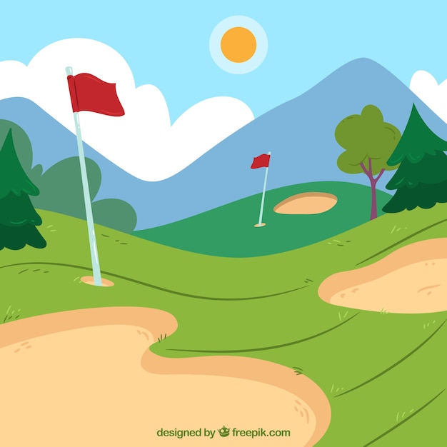 Vecteur gratuit fond de parcours de golf dans un style dessiné à la main