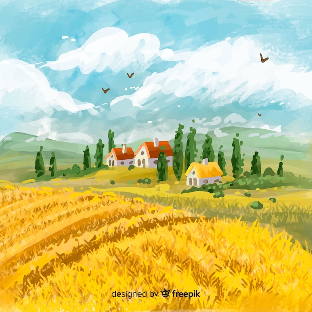 Fond de paysage ferme aquarelle style