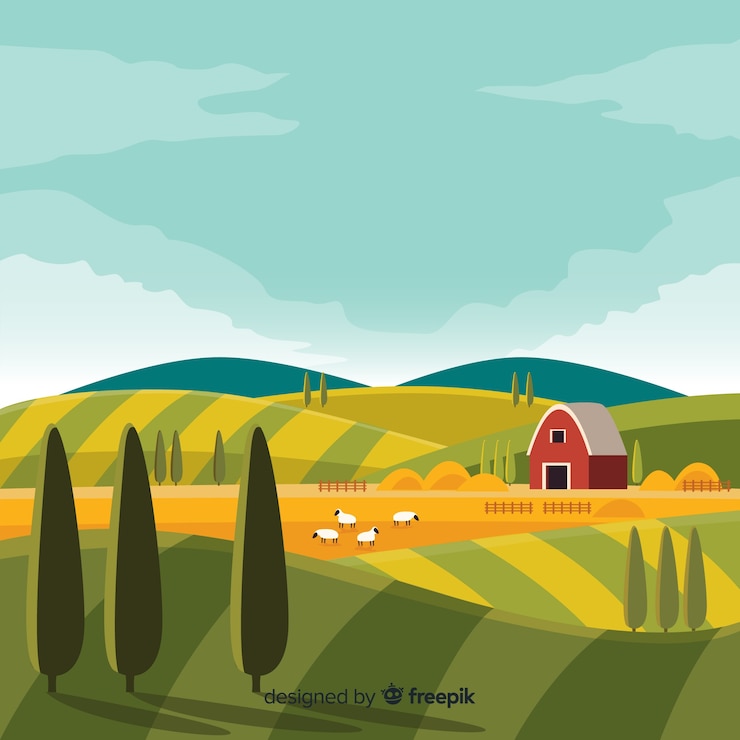 Vecteur gratuit fond de paysage ferme design plat