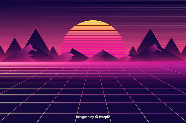 Fond de paysage futuriste rétro avec soleil