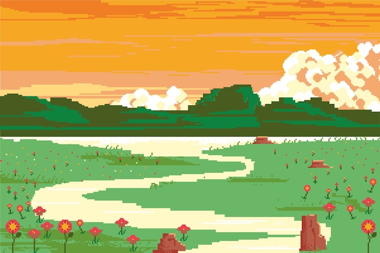 Vecteur gratuit fond de paysage rural pixel art