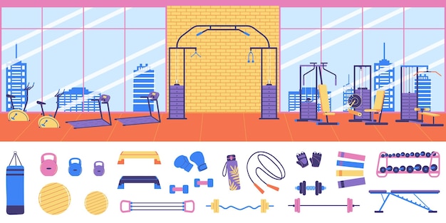 Fond plat de couleur de remise en forme avec équipement de gymnastique et outils pour les exercices de sport icônes isolées illustration vectorielle