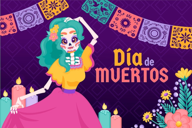 Fond plat dia de muertos dessiné à la main