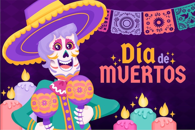 Fond plat dia de muertos dessiné à la main