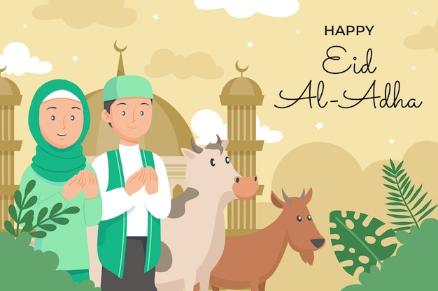 Fond Plat Eid Al-adha Avec Des Animaux Et Des Personnes Priant