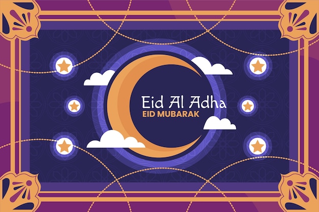 Vecteur gratuit fond plat eid al-adha avec croissant de lune