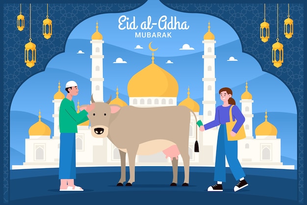 Vecteur gratuit fond plat eid al-adha avec des personnes et des animaux