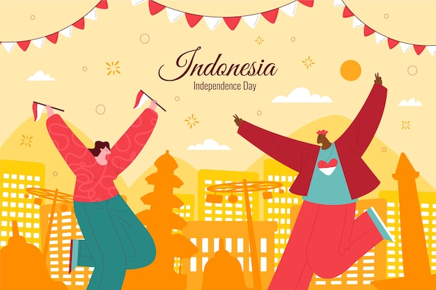 Fond Plat De La Fête De L'indépendance De L'indonésie Avec Des Gens Célébrant