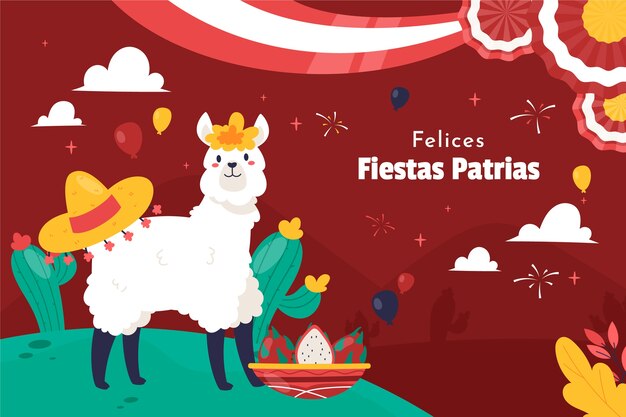 Fond plat fiestas patrias avec cactus et lama