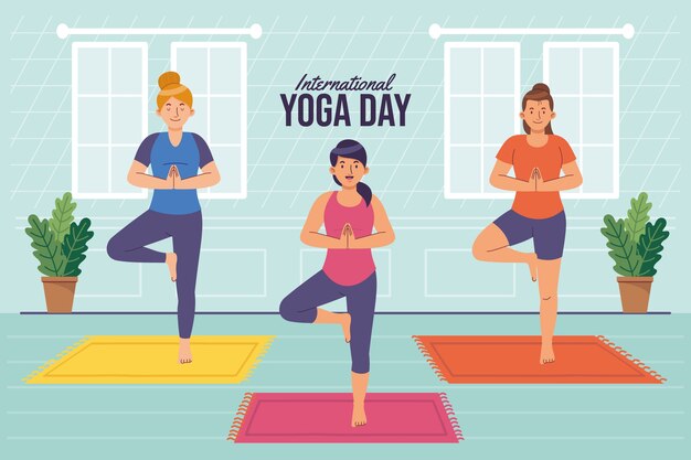 Vecteur gratuit fond plat de la journée internationale du yoga avec une personne faisant du yoga