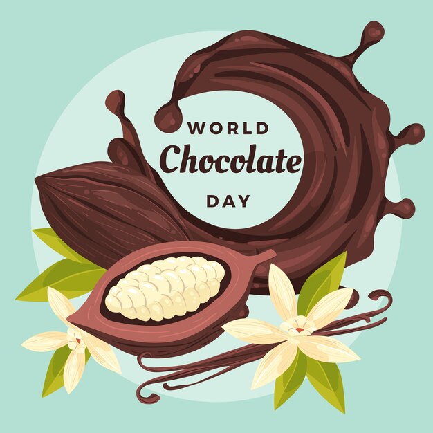 Fond plat de la journée mondiale du chocolat avec des fèves de cacao