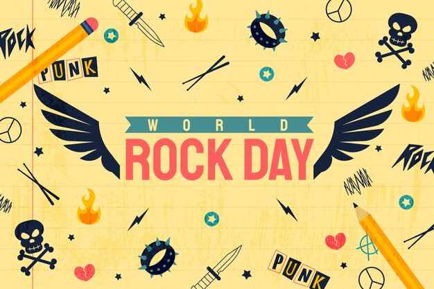 Fond plat de la journée mondiale du rock avec des éléments rock