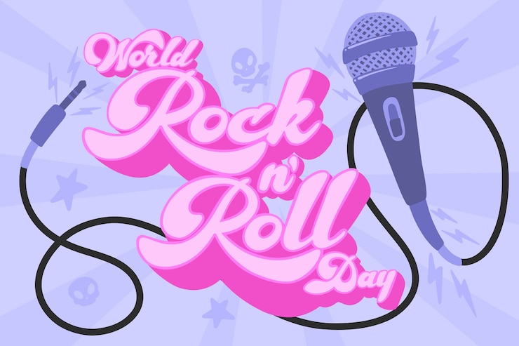 Vecteur gratuit fond plat de la journée mondiale du rock avec microphone