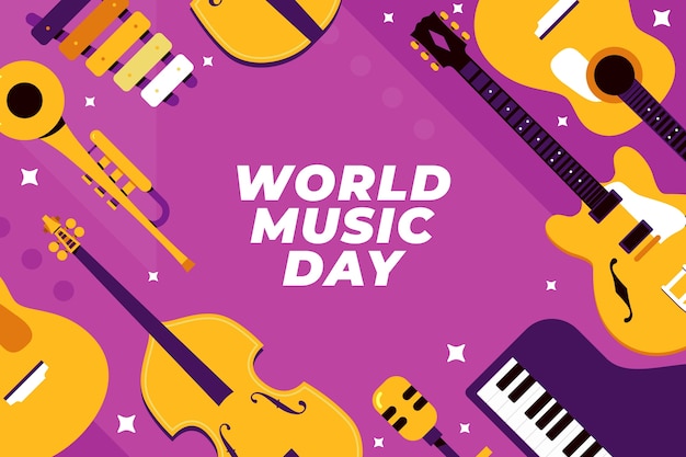 Vecteur gratuit fond plat de la journée mondiale de la musique avec des instruments de musique