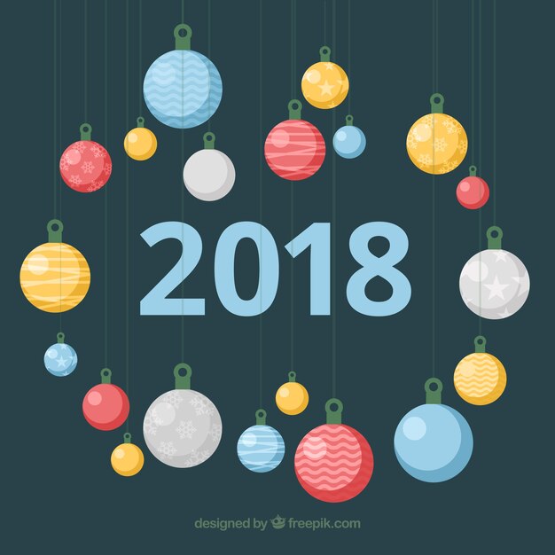 Fond plat nouvel an 2018 avec des boules de Noël