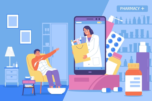 Fond Plat De Pharmacie En Ligne Avec Une Personne De Sexe Masculin Souffrant De Froid à L'intérieur De La Maison Et Application De Soins De Santé Sur L'illustration Vectorielle De Smartphone