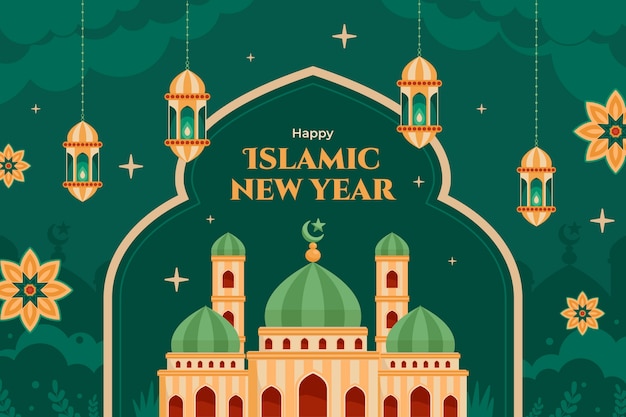 Vecteur gratuit fond plat pour la célébration du nouvel an islamique