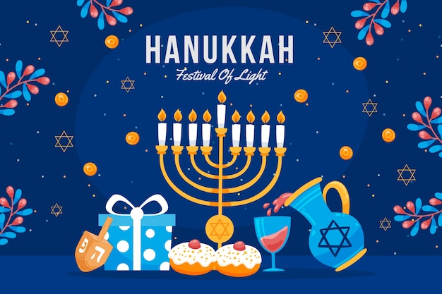 Vecteur gratuit fond plat pour la célébration de hanoukka avec menorah et boîte-cadeau