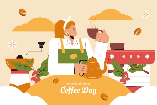 Vecteur gratuit fond plat pour la célébration de la journée internationale du café