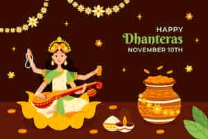 Vecteur gratuit fond plat pour dhanteras avec femme jouant de la cithare