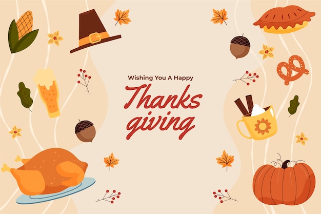 Vecteur gratuit fond plat pour thanksgiving avec dinde et tarte