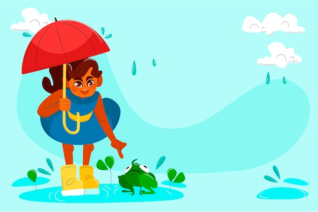 Vecteur gratuit fond plat de la saison de la mousson avec une fille tenant un parapluie et une grenouille caressante