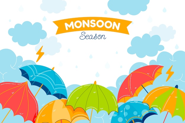 Vecteur gratuit fond plat de saison de mousson avec des parapluies et des nuages