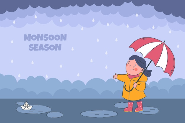 Vecteur gratuit fond plat de la saison de la mousson avec une personne sous la pluie tenant un parapluie