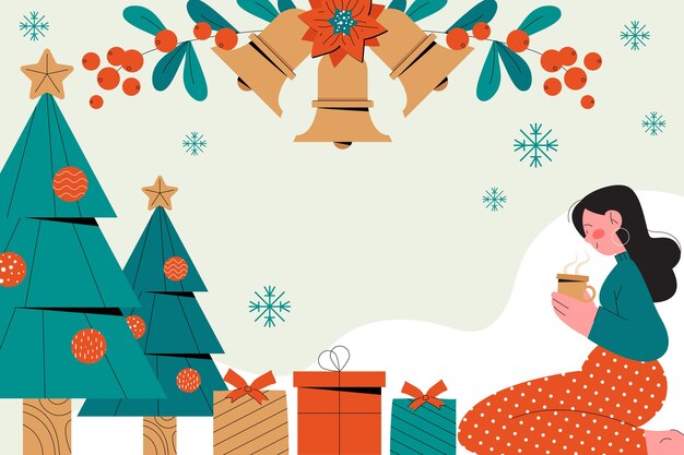 Fond plat de saison de Noël avec femme et cadeaux sous l'arbre