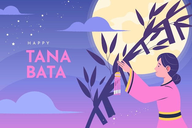 Vecteur gratuit fond plat tanabata avec femme ornements suspendus