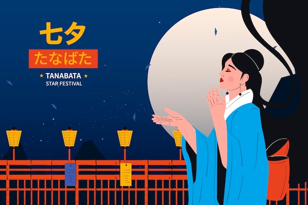 Vecteur gratuit fond plat tanabata avec femme et pleine lune