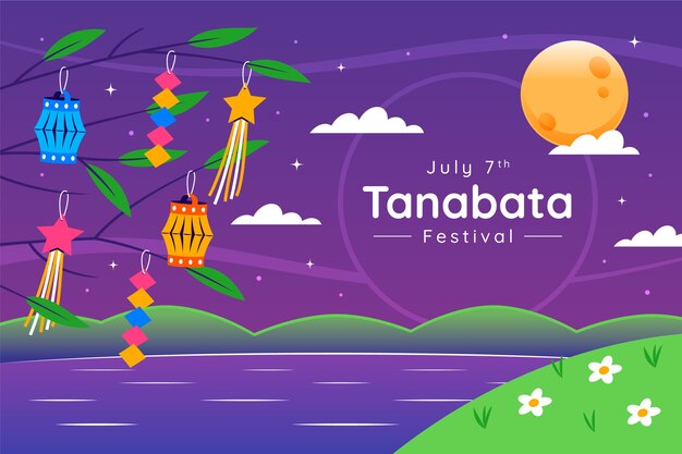 Fond plat de tanabata avec lac et pleine lune